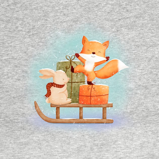 Cute Bunny and Fox with sledge and Christmas gifts by Sandra Herrgott